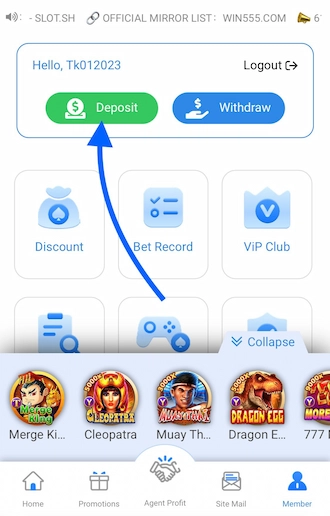 Step 1: Login SlotVIP betting account and select "Deposit".