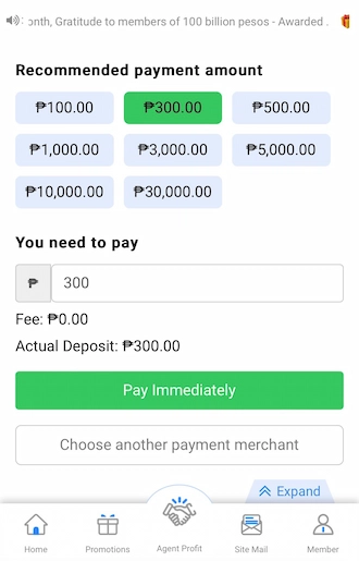 Step 2: Select the amount you want and select “Pay Immediately”.